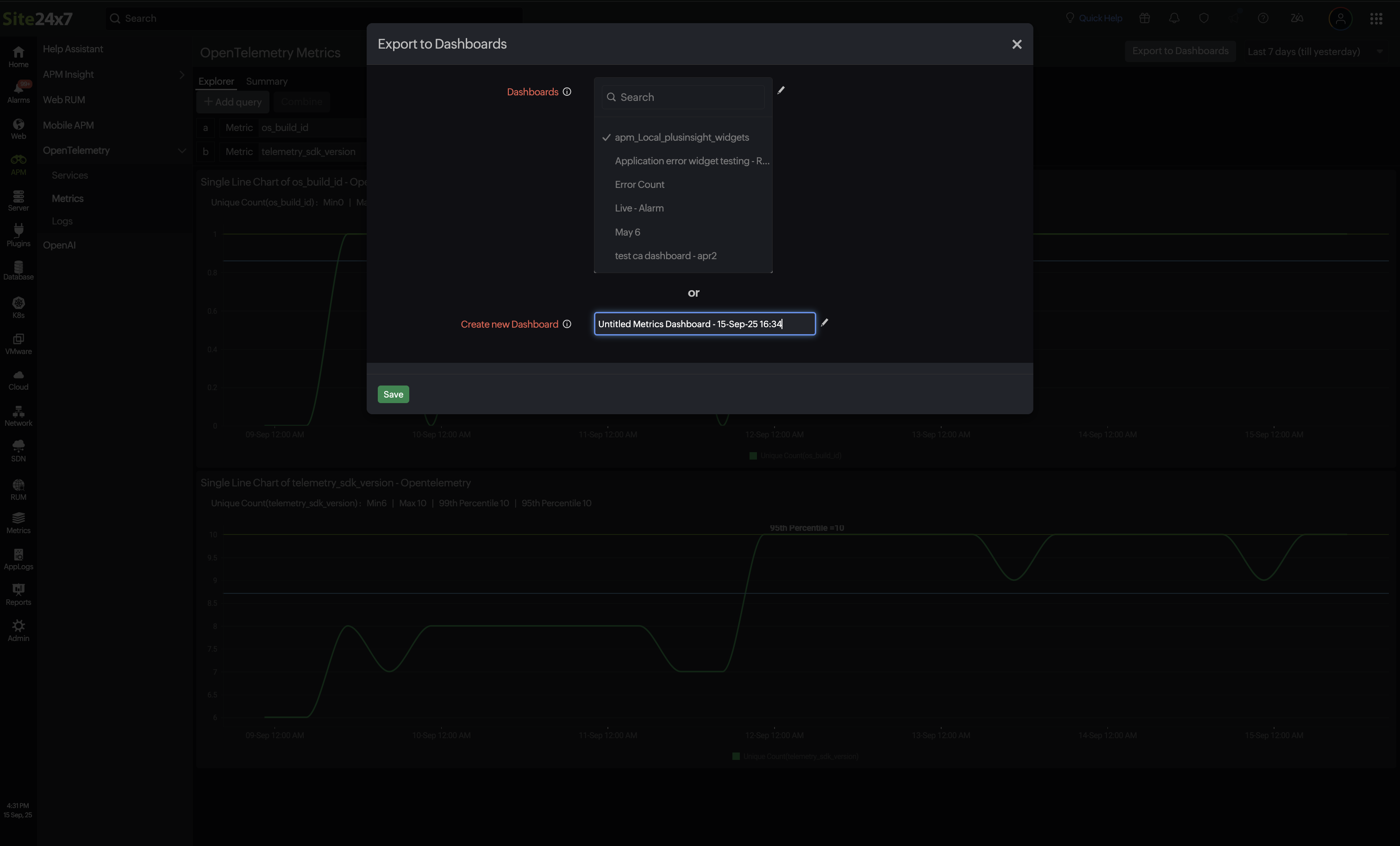 Export to dashboard