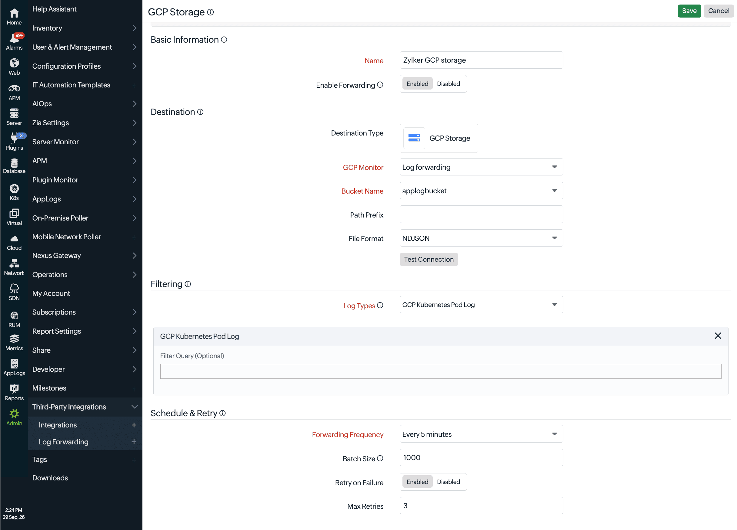 GCP storage log forwarding GCP storage log forwarding configuration