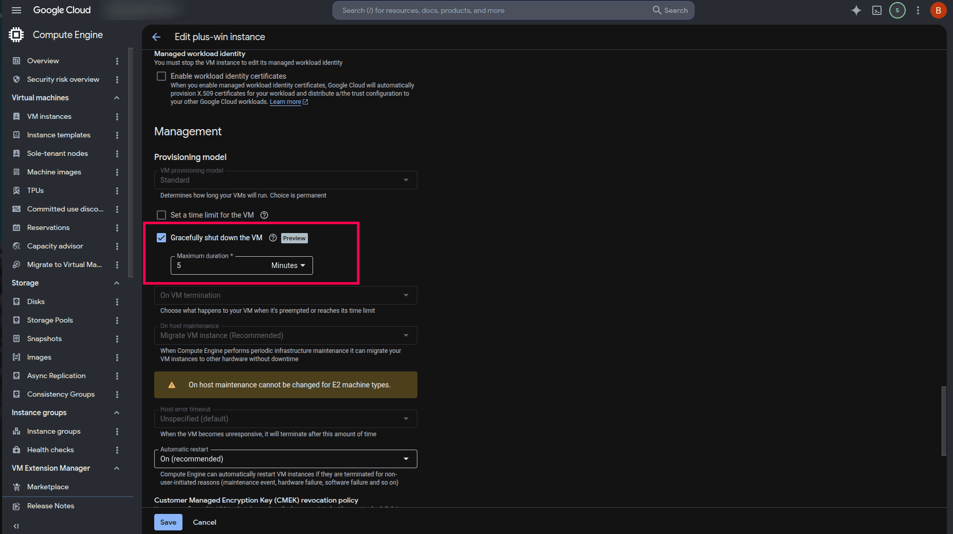 GCP termination settings view