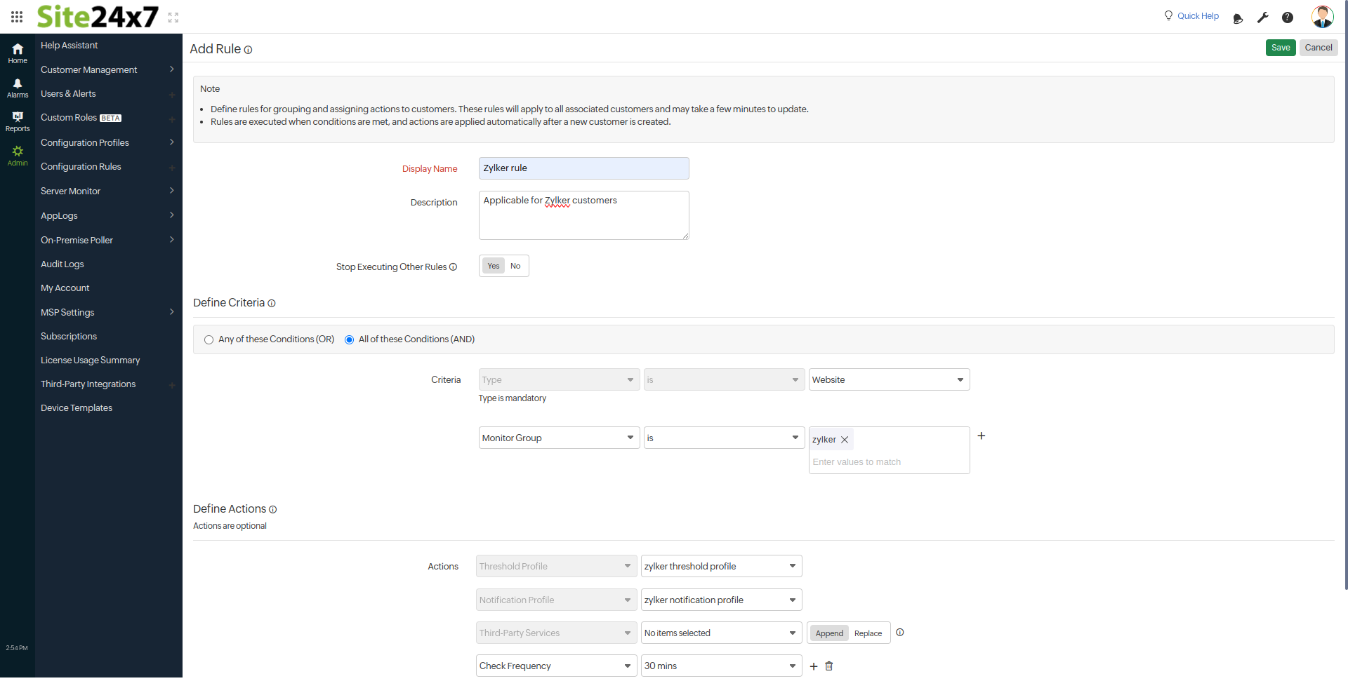 MSP Add Configuration Rule