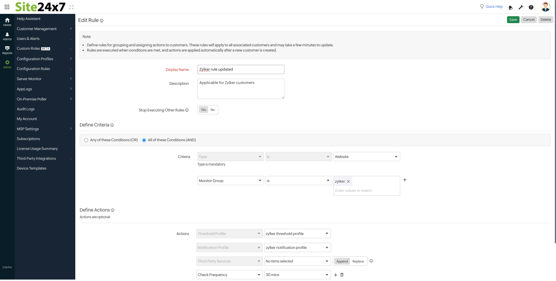 MSP Edit Configuration Rule