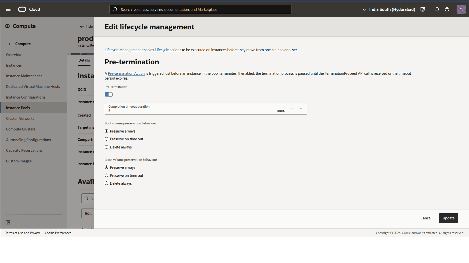 OCI termination settings view