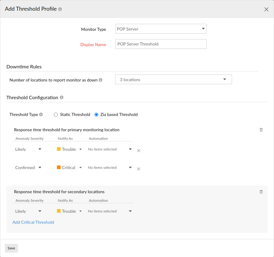 Learn how to configure threshold settings for a pop monitor