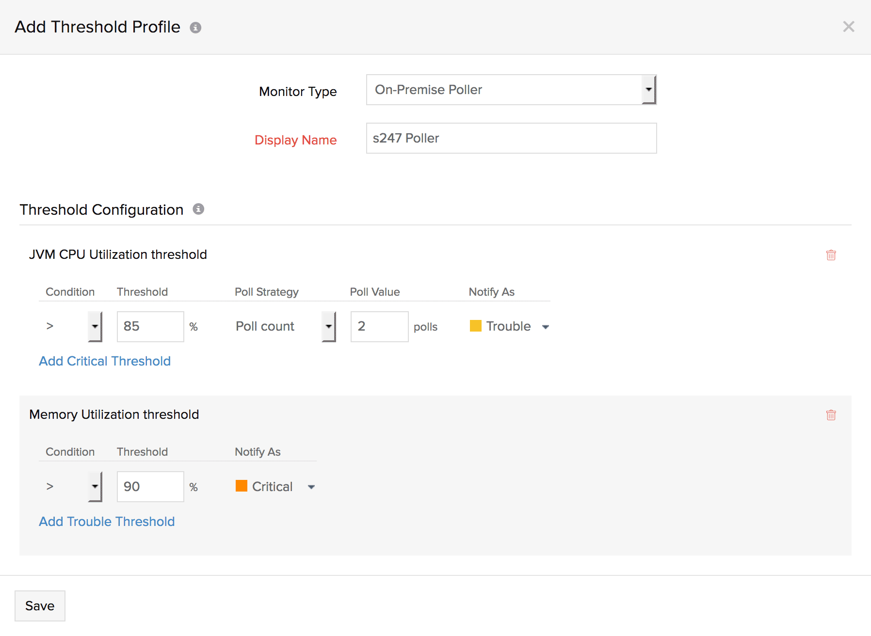 On-Premise Poller threshold profile